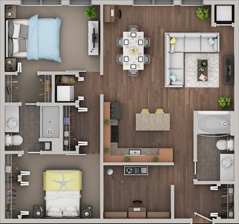 Floor plan for 2 beds, 2 baths, 1170 sqft